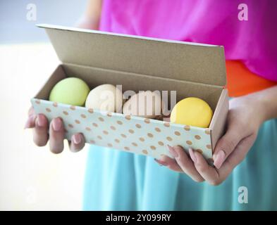 Mädchen-Box mit bunten französische Macarons in ihren Händen halten Stockfoto