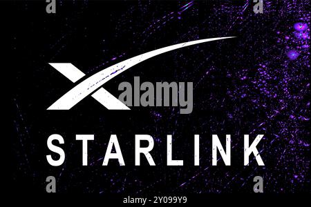 Logo-Satelliteninternetfirma Starlink SpaceX auf schwarzem Hintergrund Stockfoto