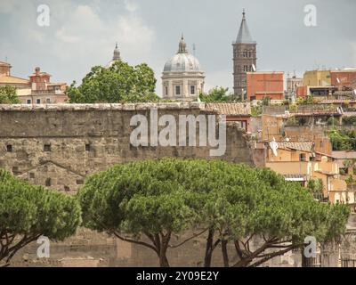 Alte Ruinen mit Kiefern im Vordergrund und Türmen im Hintergrund, Rom, Italien, Europa Stockfoto