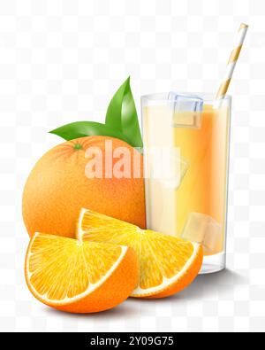 Ein Glas frischen Orangensaft oder Smoothie mit Eiswürfeln, die ins Glas fallen. Tasse Cocktail oder Joghurt mit Orangenfrüchten, isoliert auf transparentem Stock Vektor