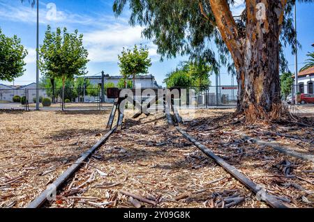 Altes Eisenbahngleis im Bahnhof Don Benito in der Provinz Badajoz Stockfoto