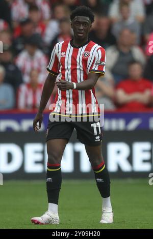 Sheffield, Großbritannien. September 2024. Jesuran Rak-Sakyi von Sheffield United während des Sky Bet Championship Matches Sheffield United gegen Watford in der Bramall Lane, Sheffield, United Kingdom, 1. September 2024 (Foto: Alfie Cosgrove/News Images) in Sheffield, United Kingdom am 1. September 2024. (Foto: Alfie Cosgrove/News Images/SIPA USA) Credit: SIPA USA/Alamy Live News Stockfoto