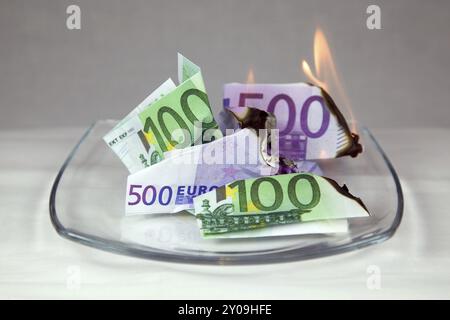 Banknoten in einer Schüssel werden angezündet Stockfoto