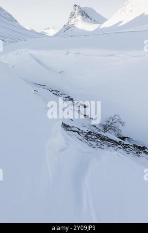 Landschaft im Tal Stuor Reaiddavaggi mit dem Berg Nallo, Kebnekaisefjaell, Norrbotten, Lappland, Schweden, März 2013, Europa Stockfoto