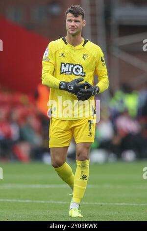 Sheffield, Großbritannien. September 2024. Daniel Bachmann von Watford während des Sky Bet Championship Matches Sheffield United gegen Watford in der Bramall Lane, Sheffield, United Kingdom, 1. September 2024 (Foto: Alfie Cosgrove/News Images) in Sheffield, United Kingdom am 1. September 2024. (Foto: Alfie Cosgrove/News Images/SIPA USA) Credit: SIPA USA/Alamy Live News Stockfoto