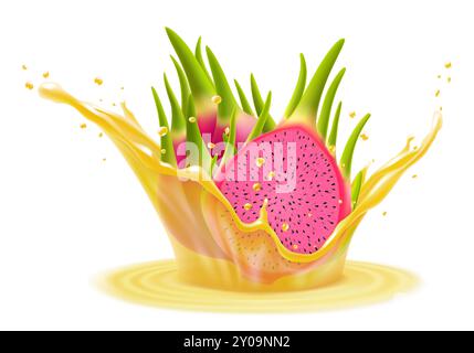 Realistische frische, reife Drachenfrucht und Drachenfruchtsaft 3D-Spritzwellen, isoliert. Gesundes Essen oder tropisches Fruchtgetränk flüssiges Anzeigenetikett Design. Lecker Stock Vektor