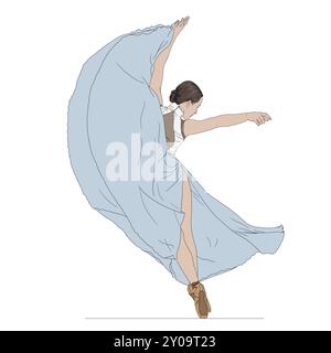 Eine Ballerina in einem blauen Kleid und spitzenschuhen steht auf ihren Zehen und tanzt isoliert auf weißem Hintergrund Stock Vektor