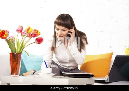 Junge brünette Frau, die zu Hause telefoniert und am Laptop arbeitet Stockfoto