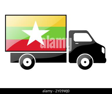 Die Myanmar-Flagge auf der Silhouette eines Lastwagens. Hochglanz-Illustration Stockfoto