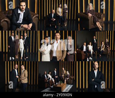 Eine Gruppe stilvoller Profis posiert gemeinsam in einem gehobenen Studio Stockfoto