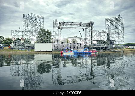 Vorbereitung für das SonneMondSterne Festival am Bleilochdamm bei Saalburg, Thüringen, Deutschland, Europa Stockfoto