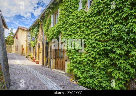 In der Straße des mittelalterlichen Dorfes Ternand in Frankreich an einem sonnigen Tag Stockfoto