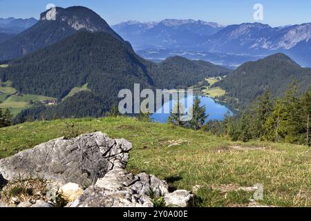 Hintersteiner See am Wilden Kaiser, Tirol, Österreich, von Scheffauer aus gesehen Stockfoto