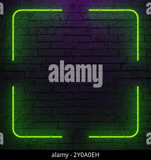 Neon leuchtendes Rechteck Rahmen geformte Linien Röhren Lila Grün Farbige Lichter auf dunklem leerem Grunge Betonziegelwand Hintergrund 3D Rendering Illustrat Stockfoto