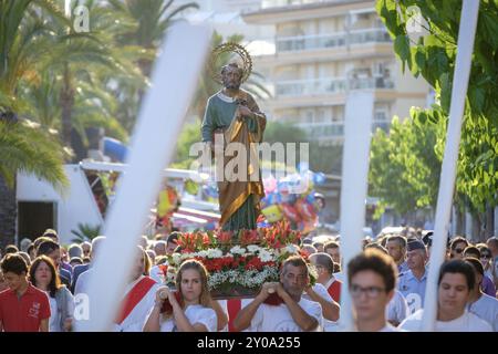 Prozession der Fischer mit dem Bild von Sant Pere, Port d'Alcudia, Mallorca, Balearen, Spanien, Europa Stockfoto