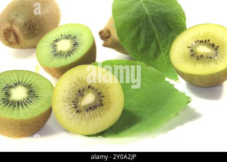 Halbierte Kiwis mit ganzen Kiwis und Blatt auf weißem Hintergrund Stockfoto