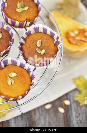 Kürbis-Muffins mit Samen und Kürbis auf dem hölzernen Hintergrund Stockfoto