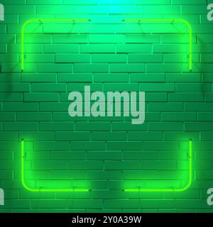 Neon leuchtendes Rechteck Rahmenförmige Linien Röhren Grün farbige Lichter auf leerem Ziegelmauerhintergrund 3D-Rendering-Illustration Stockfoto