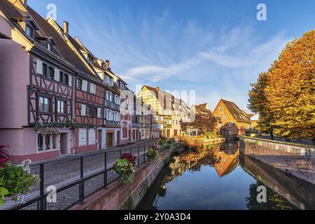 Colmar France, farbenfrohe Skyline mit Halbholzhaus am Ill River mit Herbstlaub Stockfoto