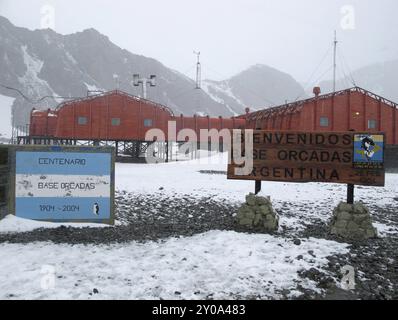 Zeichen der Polarforschungsstation Orcadas Argentinien, Laurie Island, South Orkney Islands, Antarktis Stockfoto