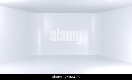 3D-Illustration eines sauberen, weißen, leeren Raumes mit sanfter Beleuchtung. Stockfoto