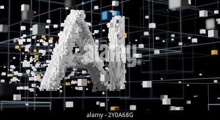 KI, künstliche Intelligenz, Text aus binären Datenblöcken mit Daten auf schwarzem Hintergrund, selektiver Fokus, 3D-Illustration Stockfoto