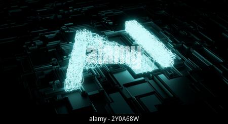 Leuchtender KI-Text auf schwarzem Hintergrund für Computertechnologie-Chip, Konzept des Prozessors für künstliche Intelligenz, 3D-Illustration Stockfoto