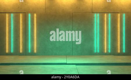 Abstrakter Hintergrund mit grünem gelbem Neonlicht. Neonlicht-Linearlichter auf Betonplatten. 3D-Abbildung Stockfoto
