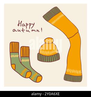 Kuschelige Herbstaccessoires mit bunten Socken und einem warmen Hut in fröhlichen Farben, die die Herbstsaison feiern Stock Vektor