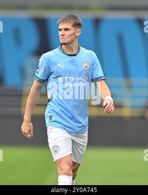 Manchester, Großbritannien. September 2024. Jacob Wright von Manchester City während des U23-Spiels der Premier League 2 Manchester City gegen Everton im Joie Stadium, Manchester, Vereinigtes Königreich, 1. September 2024 (Foto: Cody Froggatt/News Images) in Manchester, Vereinigtes Königreich am 1. September 2024. (Foto: Cody Froggatt/News Images/SIPA USA) Credit: SIPA USA/Alamy Live News Stockfoto