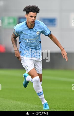 Manchester, Großbritannien. September 2024. Nico O'Reilly von Manchester City während des U23-Spiels der Premier League 2 Manchester City gegen Everton im Joie Stadium, Manchester, Vereinigtes Königreich, 1. September 2024 (Foto: Cody Froggatt/News Images) in Manchester, Vereinigtes Königreich am 1. September 2024. (Foto: Cody Froggatt/News Images/SIPA USA) Credit: SIPA USA/Alamy Live News Stockfoto