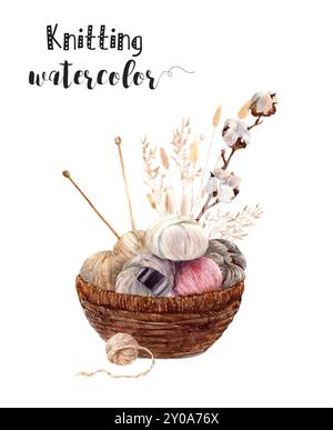 Eine schöne Aquarellillustration eines Strickkorbs gefüllt mit leuchtendem Garn und Nadeln Stockfoto