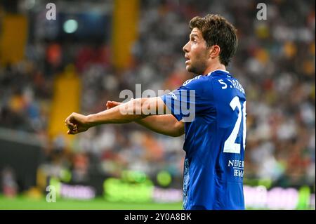 Comos Sergi Roberto gibt Gesten während Udinese Calcio vs Como 1907, italienisches Fußball Serie A Spiel in Udine, Italien, 1. September 2024 Stockfoto