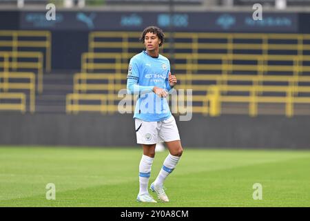 Manchester, Großbritannien. September 2024. Max Alleyne von Manchester City während des U23-Spiels Manchester City gegen Everton in der Premier League 2 im Joie Stadium, Manchester, Vereinigtes Königreich, 1. September 2024 (Foto: Cody Froggatt/News Images) in Manchester, Vereinigtes Königreich am 1. September 2024. (Foto: Cody Froggatt/News Images/SIPA USA) Credit: SIPA USA/Alamy Live News Stockfoto