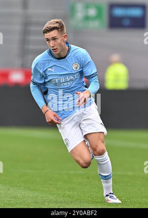 Manchester, Großbritannien. September 2024. Sebastian Naylor von Manchester City während des Spiels Manchester City gegen Everton in der Premier League 2 am 1. September 2024 (Foto: Cody Froggatt/News Images) in Manchester, Vereinigtes Königreich am 1. September 2024. (Foto: Cody Froggatt/News Images/SIPA USA) Credit: SIPA USA/Alamy Live News Stockfoto