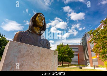 Budapest, Ungarn - 4. Juli 2024: Satoshi Nakamoto-Denkmal mit Microsoft-Büro im Hintergrund. Sonniger Sommer lieber, mittelbewölkter Himmel. Stockfoto