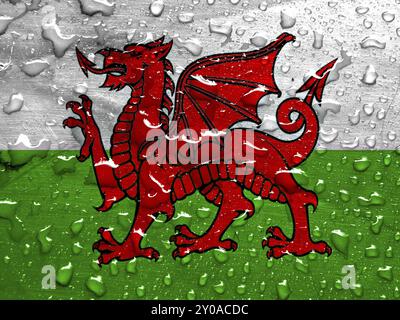 Flagge von Wales mit Regentropfen Stockfoto