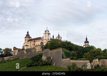 Ein wunderschöner Blick auf die Festung Marienberg auf einem Hügel über dem Main in der historischen deutschen Stadt Würzburg an einem bewölkten grauen Tag. Stockfoto