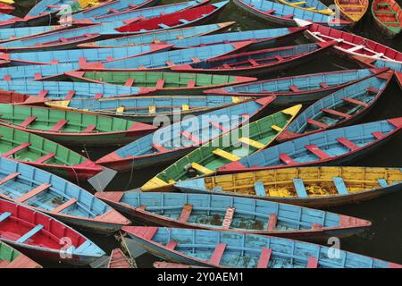 Bunte Ruderboote aus Holz in Nepal Stockfoto