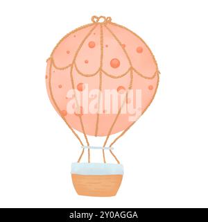 Heißluftballontransport mit braunem Korb und Seilen, mit pfirsichfarbenem Ballon mit Kreismuster Aquarellfarben-Illustration für Kinder Stockfoto