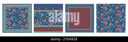 Set aus 4 indischen Blumenmustern mit abstrakten nachlaufenden Blumen und Blättern Stock Vektor