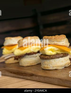 Drei Frühstücksplätzchen Sandwich mit Ei Wurst Käse auf Holzbrett mit Kopierraum Stockfoto