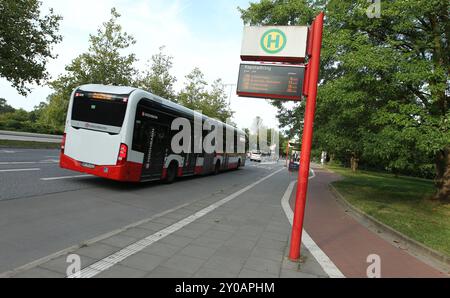 Ein Bus von der Hamburger Hochbahn in Richtung Rübenkamp fährt die Haltestelle Kapstadtring an. City Nord Hamburg *** Ein Bus von der Hamburger Hochbahn in Richtung Rübenkamp hält an der Haltestelle Kapstadtring City Nord Hamburg Stockfoto