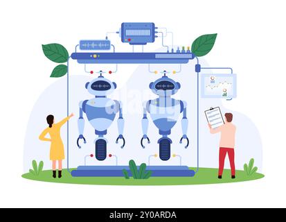 Ingenieure, die an der Konstruktion fortschrittlicher Roboter in einem futuristischen Labor zusammenarbeiten. Monitore, die Daten und Analysen anzeigen. Roboterarme und -Komponenten in der Hintergrundvektorabbildung. Stock Vektor