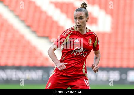 Lüttich, Belgien. 31. August 2024. Claire ORiordan (11) von Standard, das während eines Frauenfußballspiels zwischen Standard Femina de Lüttich und SV Zulte Waregem am 1. Spieltag der Saison 2024 - 2025 in der belgischen Lotto Womens Super League am Samstag 31. August 2024 in Lüttich, BELGIEN, gezeigt wurde. Quelle: Sportpix/Alamy Live News Stockfoto