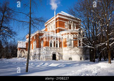 Winterlandschaft mit historischem Gebäude des Kristallmuseums von Gus-Khrustalny Stockfoto