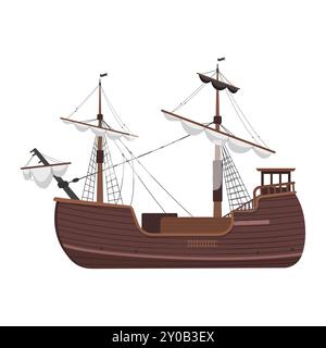 Detaillierte Vektor-Illustration eines Galeonschiffs mit mehreren Masten und Segeln. Stock Vektor