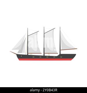 Detaillierte Vektor-Illustration eines Schoners mit schwarzem Rumpf und weißen Segeln. Stock Vektor