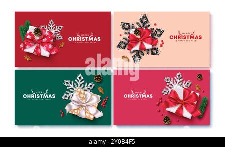 Weihnachtsgrußkarte Vektor Banner Set Design. Grußtext für frohe weihnachten mit Geschenkboxen und Glitzerelementen für farbenfrohe Geschenkanhänger Stock Vektor