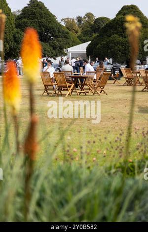 Gäste genießen die Gastfreundschaft im Concours of Elegance 2024 Stockfoto